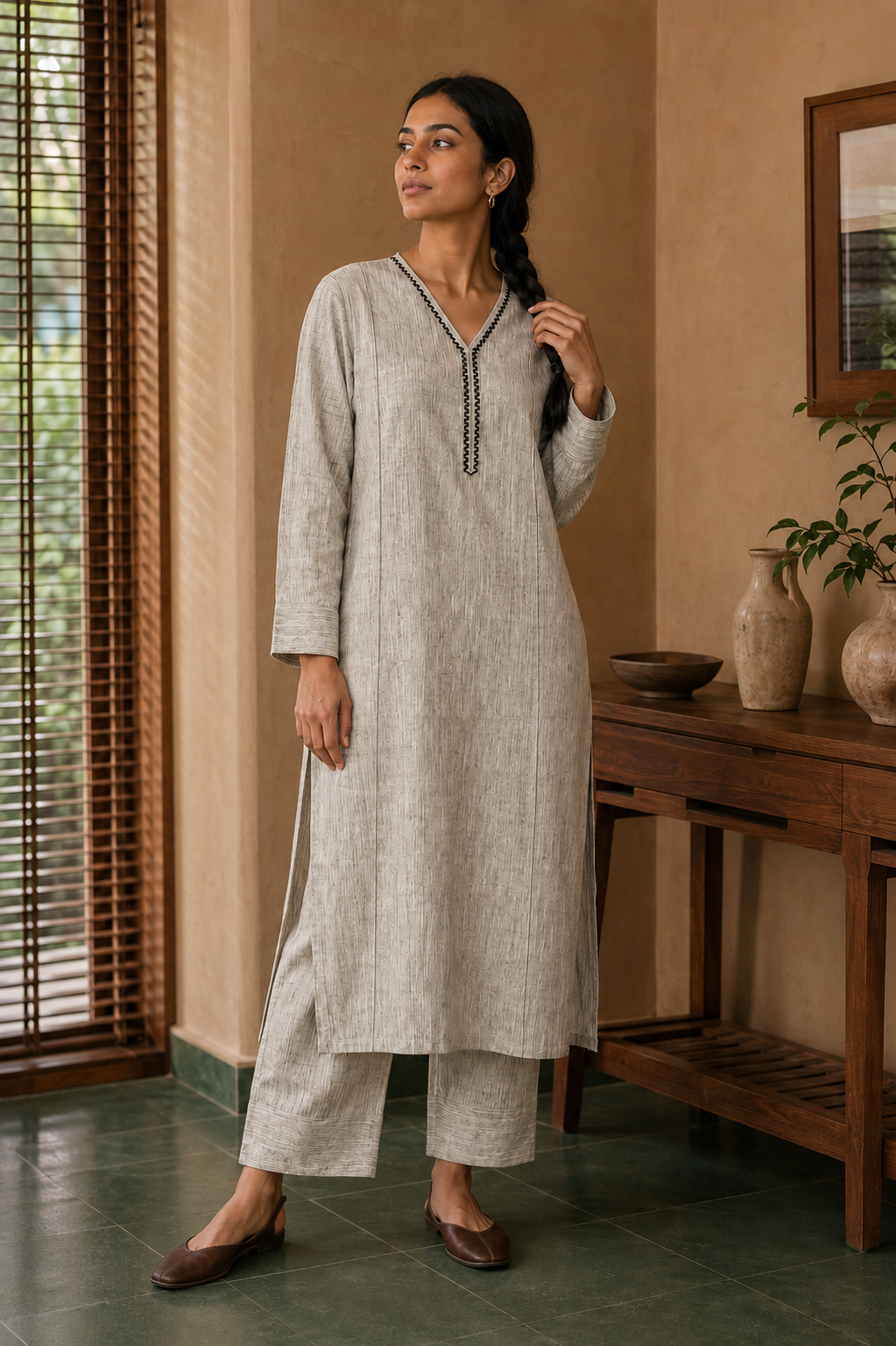 Sehej Beige Khadi Kurta Set