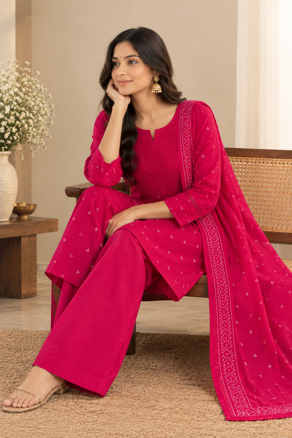 Deep Pink Cotton Kurta Set