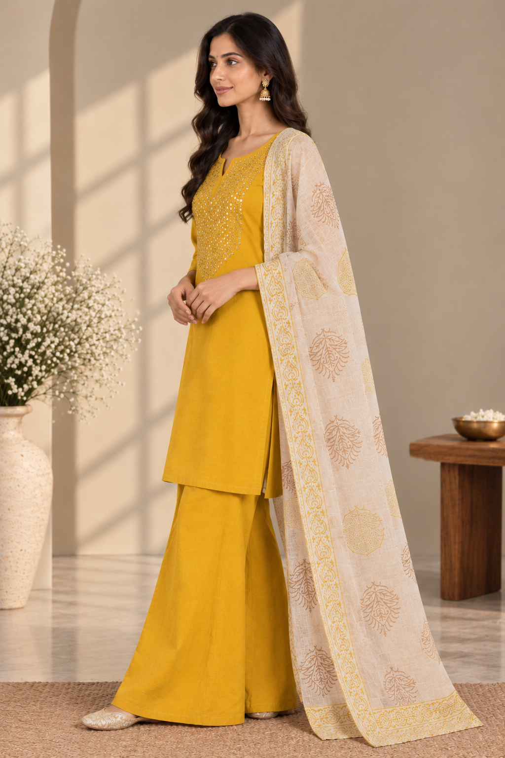 Yellow Mirror Work Festive Kurta Set