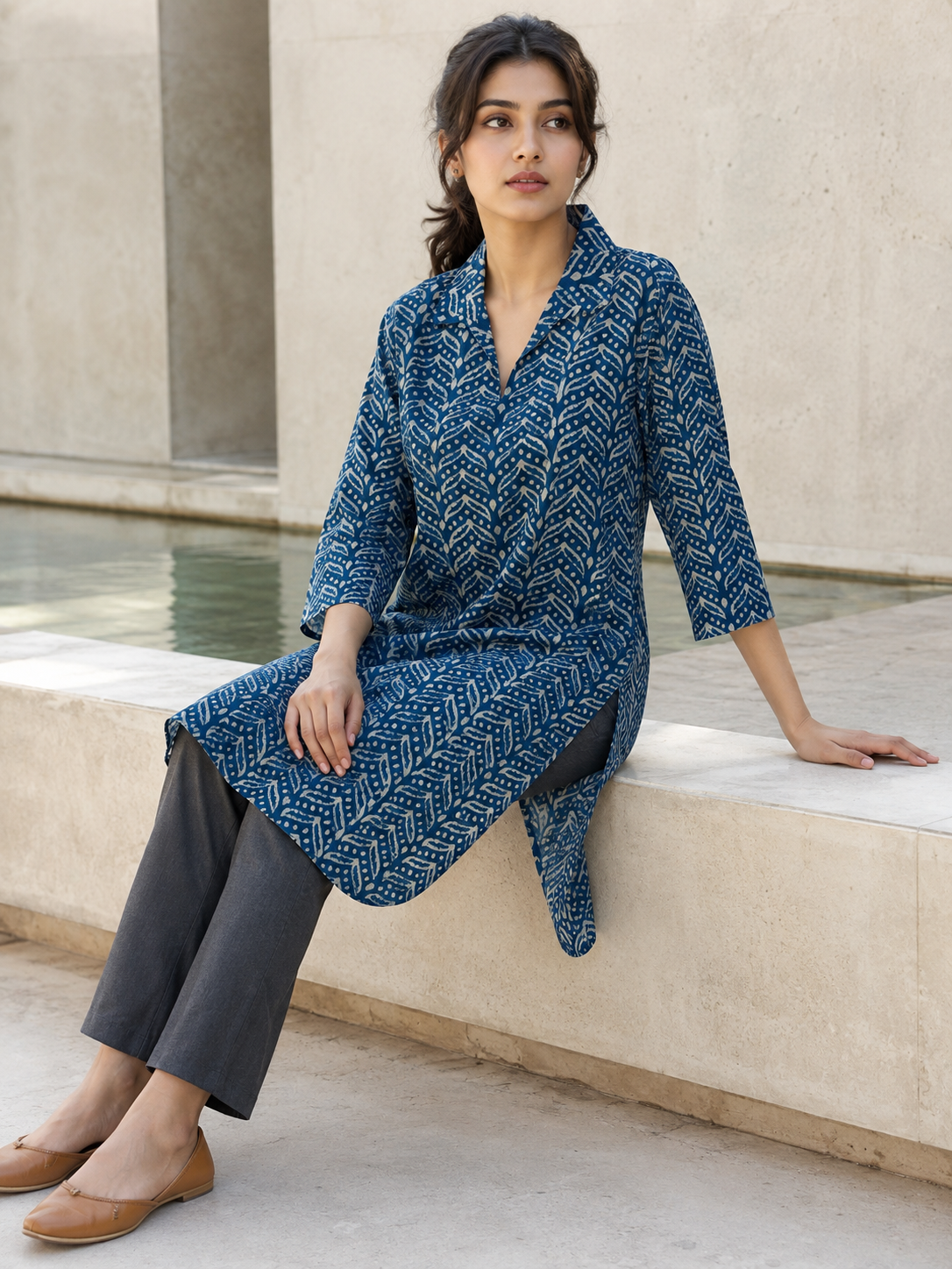 Rooh Collar Kurta - Indigo Geometric