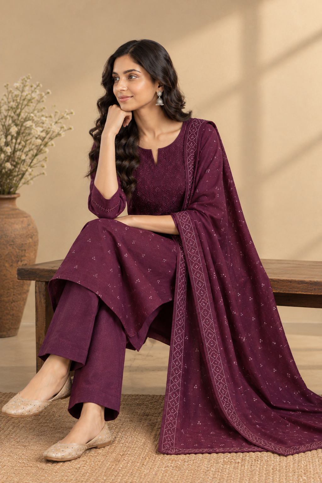 Wine Cotton Kurta Set