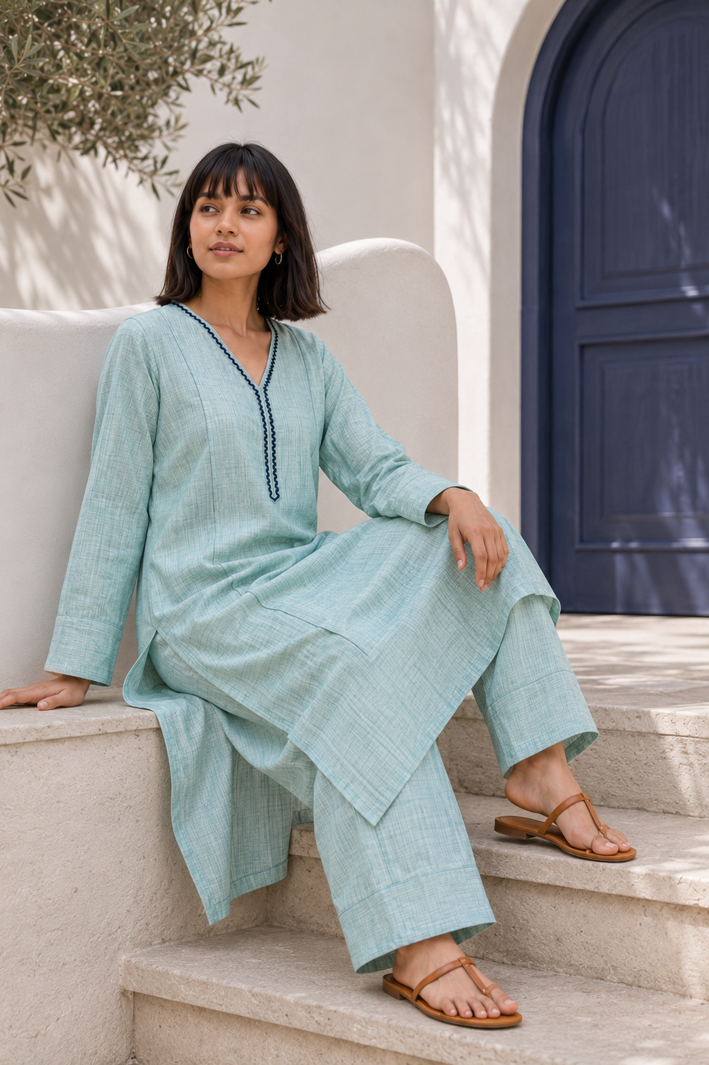 Sehej Light Teal Khadi Kurta Set