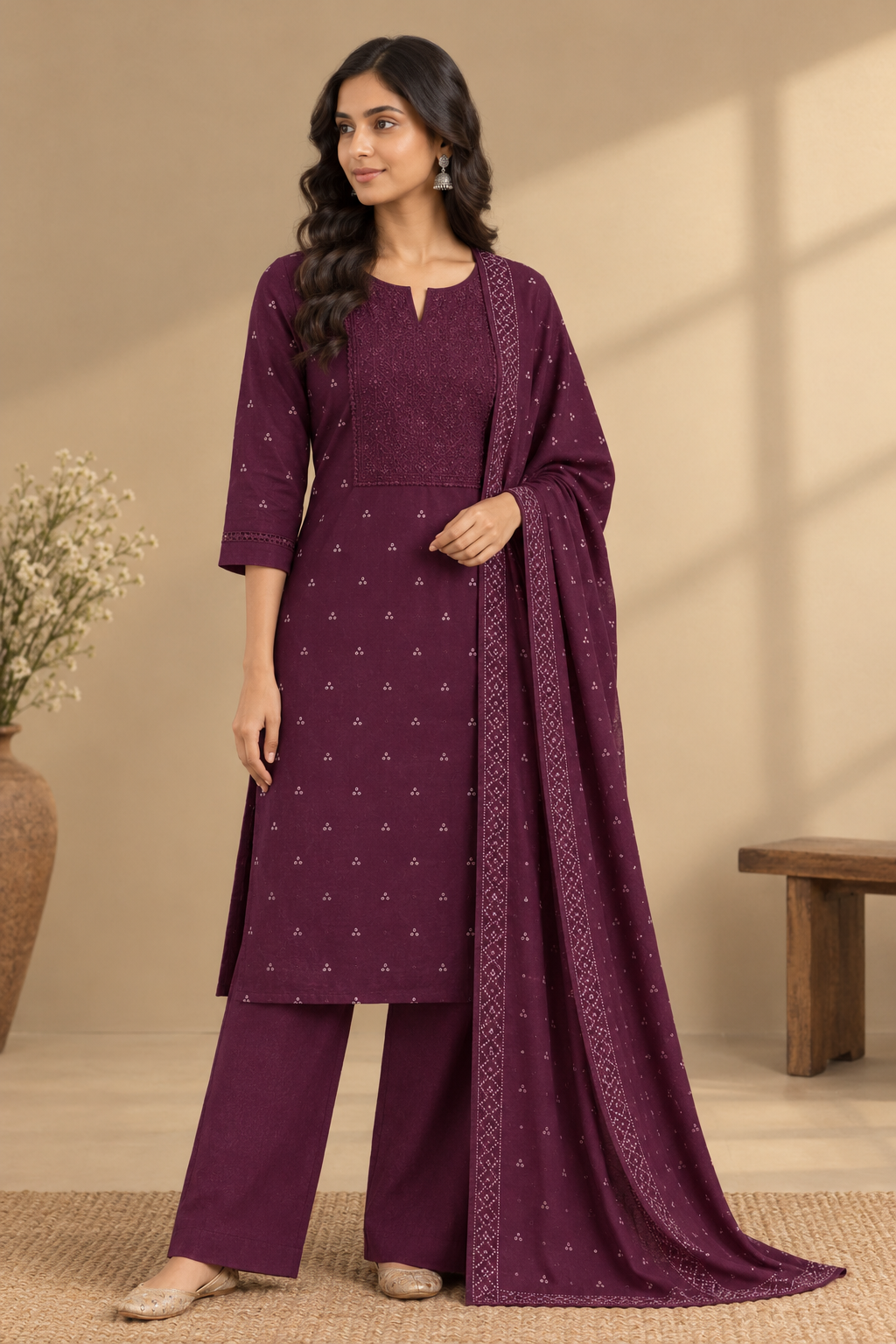 Wine Cotton Kurta Set