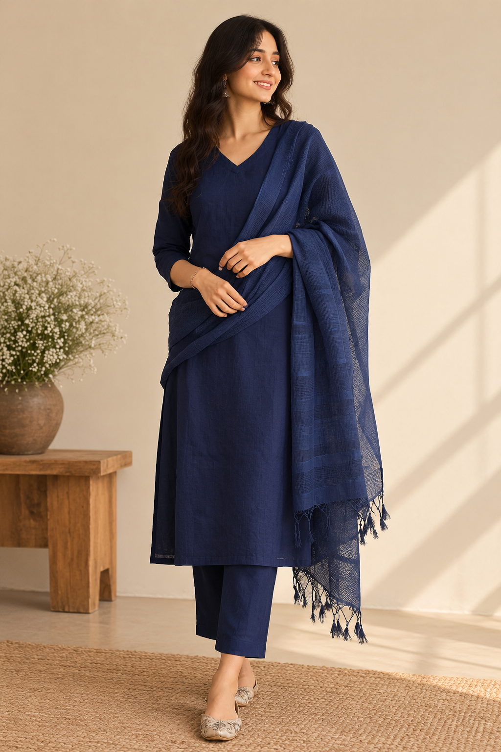 Reet Check Navy Blue Kurta Set