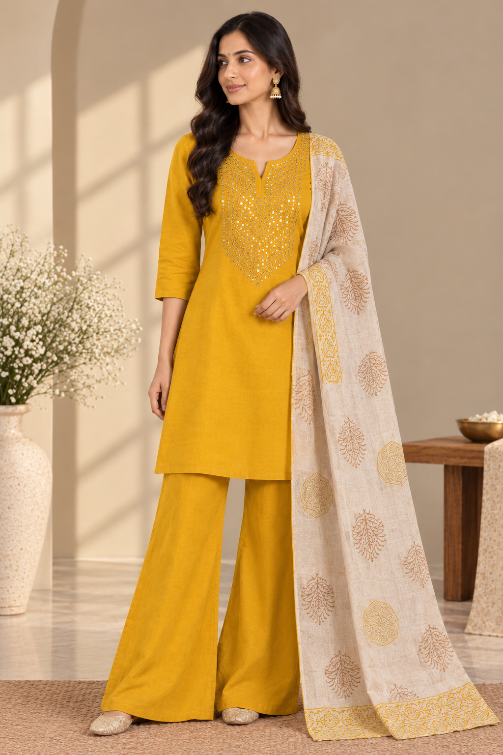 Yellow Mirror Work Festive Kurta Set